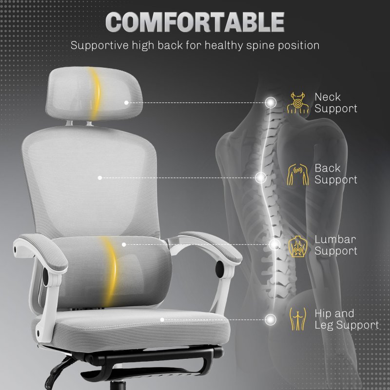 HOMCOM Ergonomic Office Chair, Mesh High Back Desk Chair with Adjustable Lumbar Support and Headrest, Footrest, Reclining Executive Swivel Computer Chair for Home Study, Grey