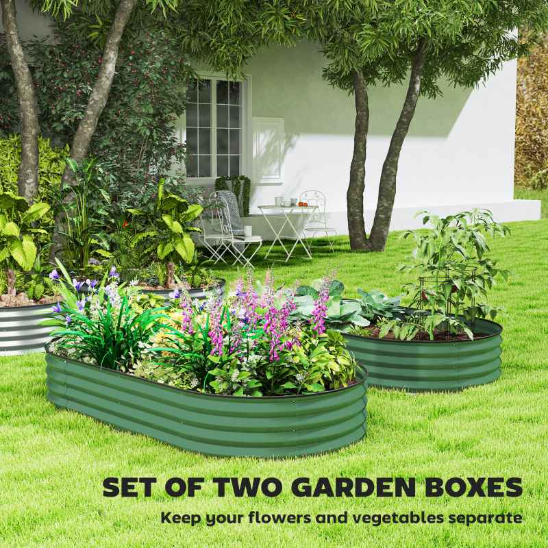 Outsunny Set of 2 Raised Beds for Garden, Outdoor Galvanised Planter Box with Plant Support Stakes, Rubber Strap Edging and Bottomless for Flower, Vegetable, 181 x 93 x 30 cm, Green