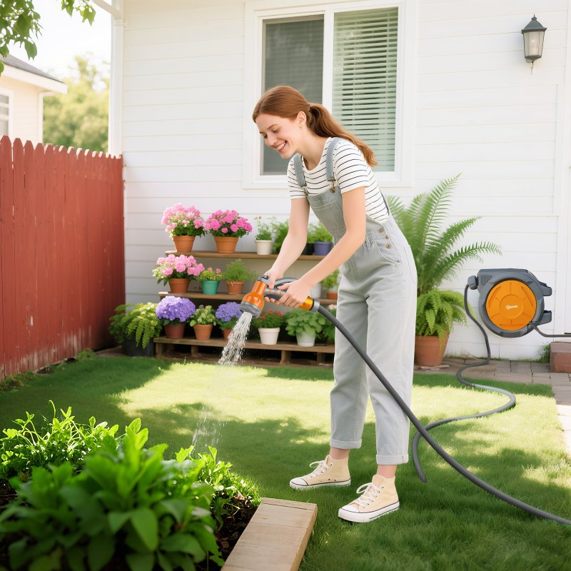 Outsunny Retractable Hose Reel Wall Mounted, 30+2m Garden Hose Pipe Reel with Lock, Auto Rewind, 7 in 1 Spray Nozzle, Includes Wall Fixings, 180?? Swivel, Outdoor Watering, Orange
