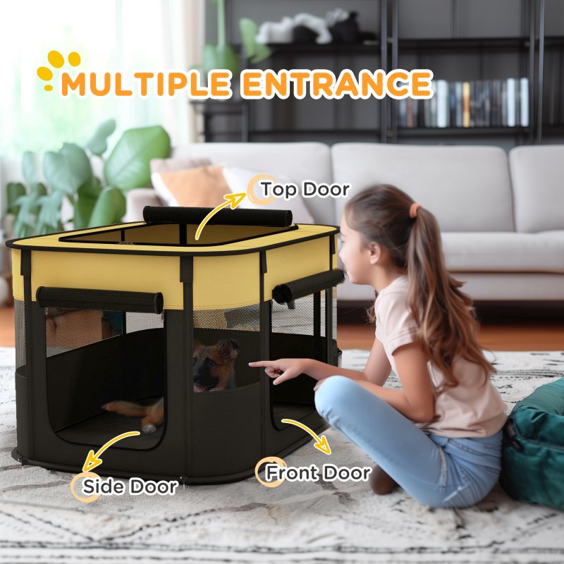 PawHut Dog Pen, Pet Playpen, Portable Foldable Dog Cat Playpen Soft Pet Cage with Storage Bag for Puppies, Rabbits, Kittens, Guinea Pigs, 84 x 64 x 53cm - Yellow