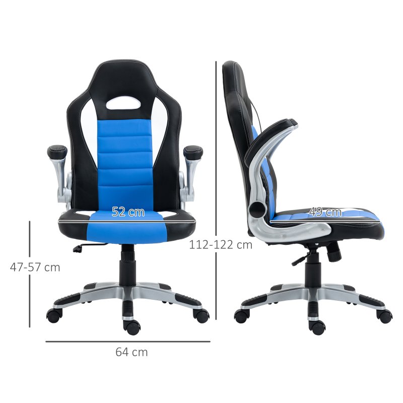 HOMCOM Computer Gaming Chair, Office Desk Swivel Chair, PU Leather Racing Chair with 90?? Flip-up Armrest, Adjustable Height and Rolling Wheels, Blue
