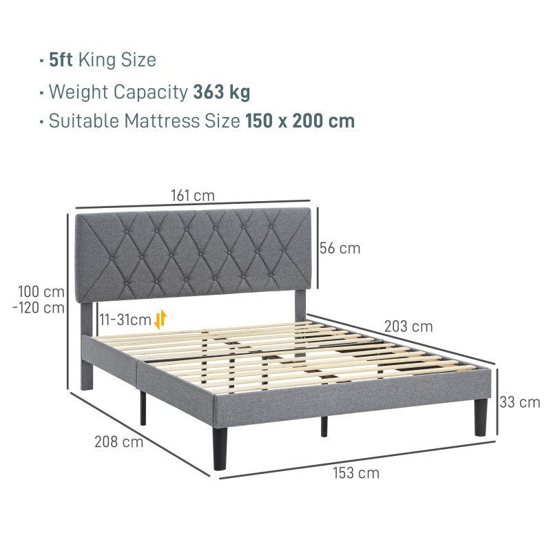 HOMCOM King Size Bed Frame with 5-Level Adjustable Linen Upholstered Headboard, Wooden Slats Mattress Foundation, No Box Spring Needed, Grey