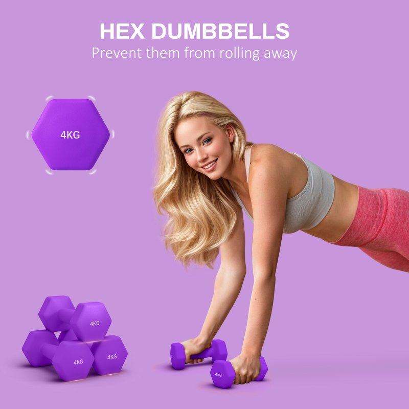 SPORTNOW Set of 2 Hex Dumbbells, Neoprene Weights Pair with Non-Slip Grip, Home Gym Fitness Training Equipment, 2 x 4kg, Purple