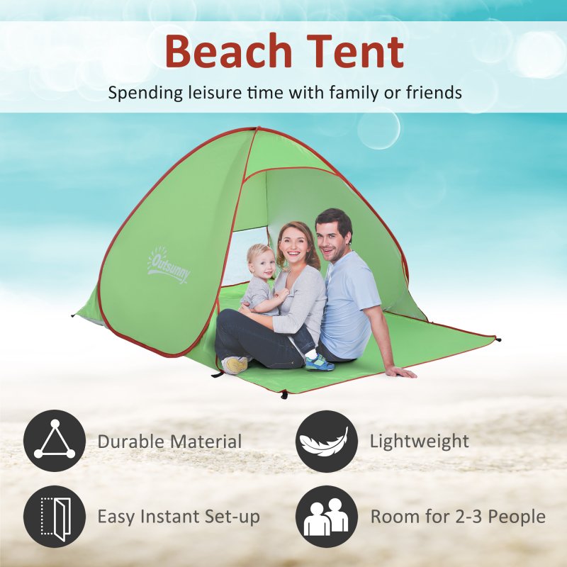 Outsunny Pop up Beach Tent, UV 30+ Sun Shelter with Carry Bag, 2x1.5m for 2-3 Person, Green