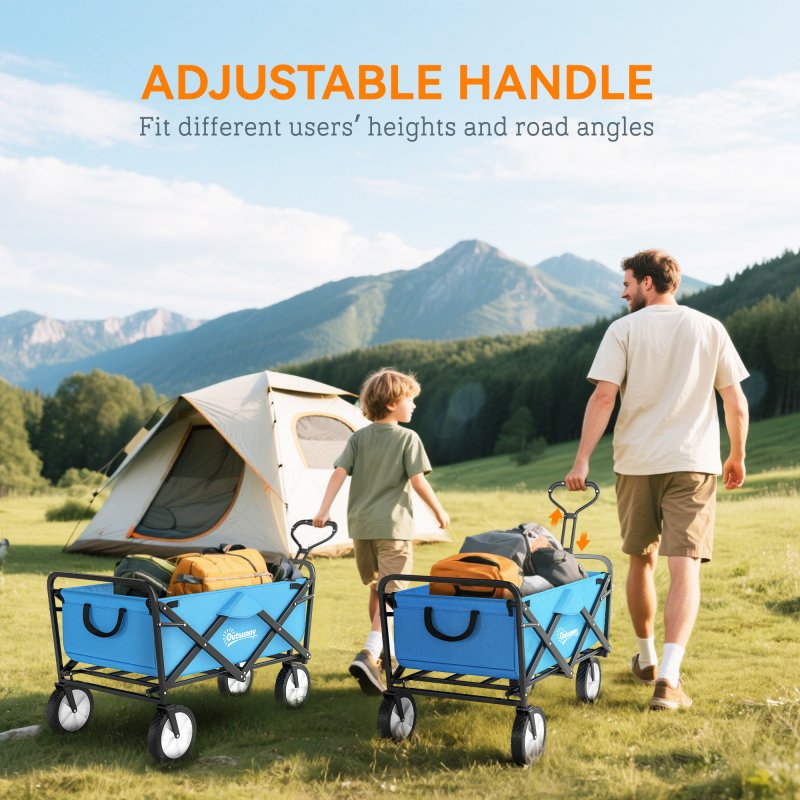Outsunny 90L Festival Trolley on Wheels, Folding Camping Trolley Cart with Adjustable Handle, Portable for Outdoor, Garden, Shopping, Fishing, Blue