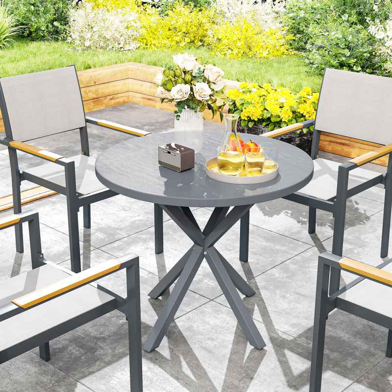 Outsunny Garden Table, 85cm Round Outdoor Dining Table with Steel Frame, Wood Effect Top, for Balcony, Deck, Dark Grey