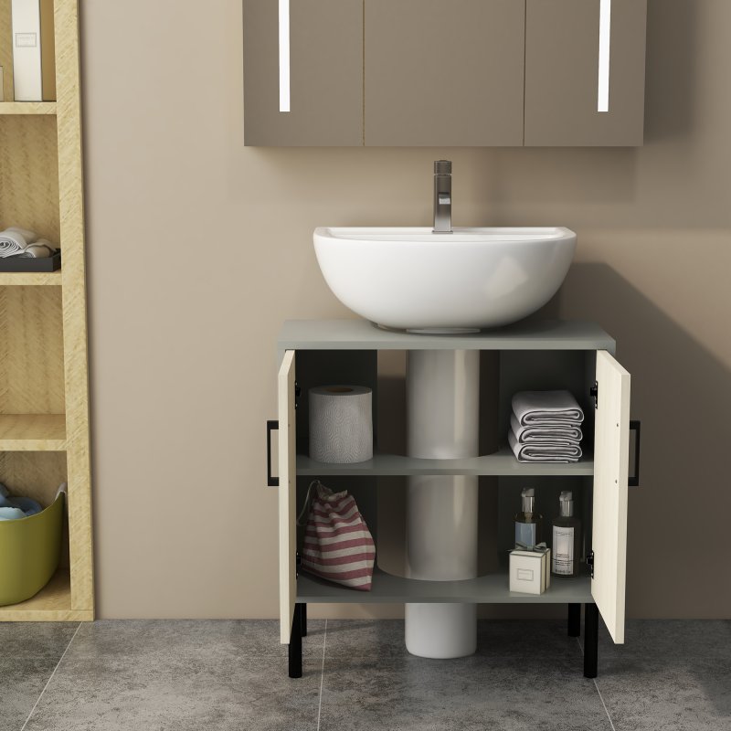 kleankin Under Sink Cabinet, Bathroom Sink Cabinet, Floor Basin Storage Cupboard with Double Doors and Shelf, 60 x 30 x 60 cm, Natural Tone