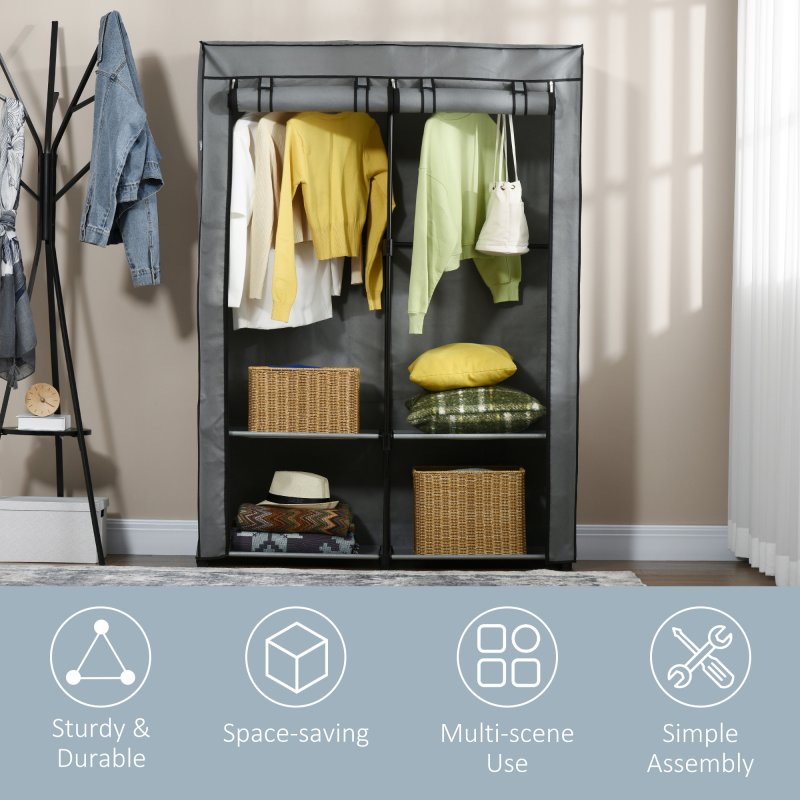 HOMCOM Fabric Wardrobe, Portable Fabric Cabinet, Foldable Coat Rack with 4 Shelves, 2 Hanging Rails, 118 x 49 x 170 cm, Light Grey