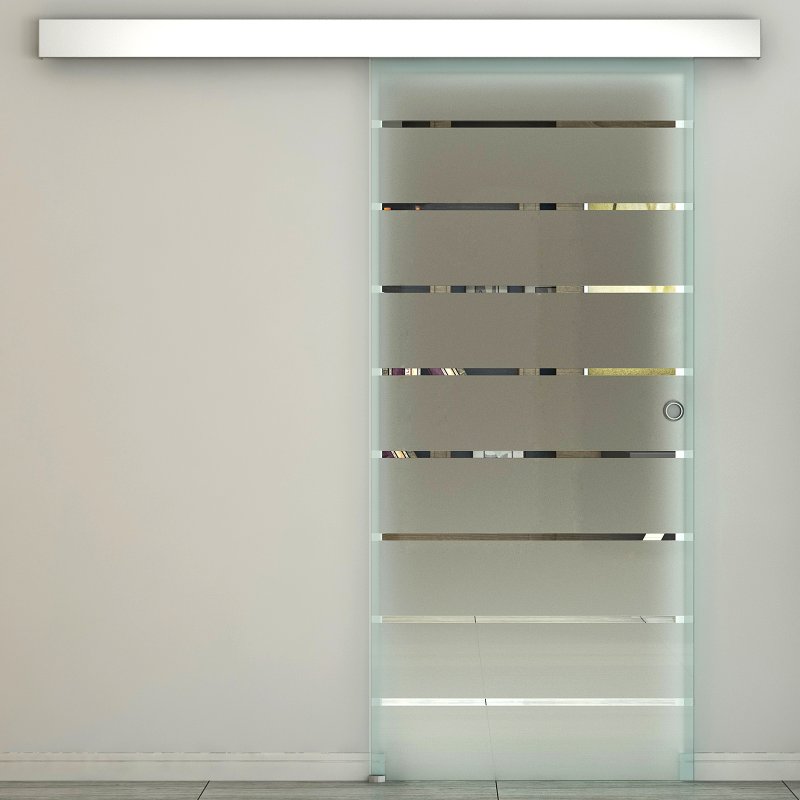 HOMCOM 90cm Sliding Glass Door with Hardware Track Kit, Frosted Tempered Glass with Stripe Pattern, Round Handle