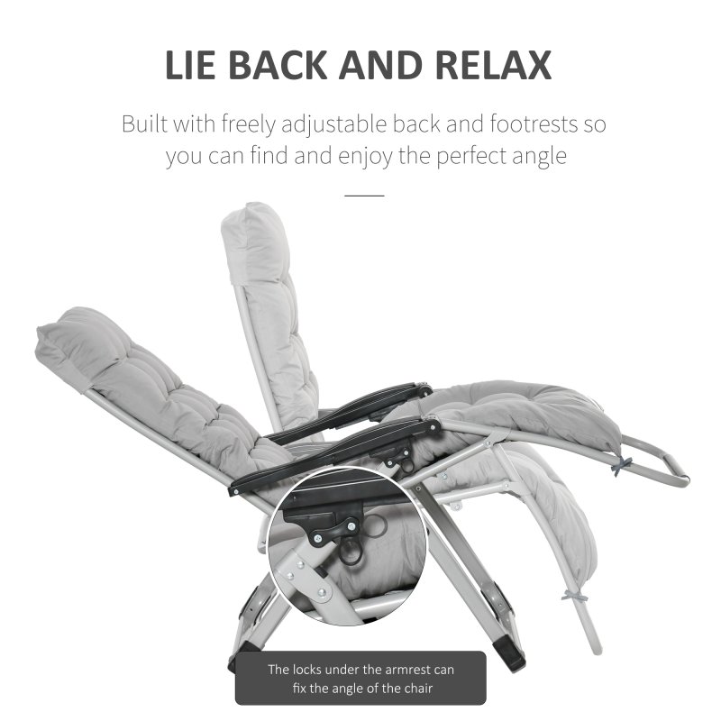 Outsunny 2 Piece Reclining Zero Gravity Chair Metal Frame Folding Garden Sun Lounger with Cushion Headrest, Light Grey
