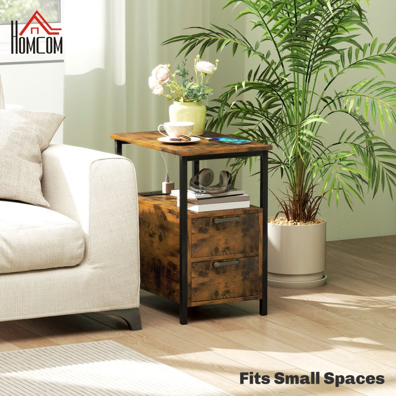 HOMCOM Side Table with Charging Station, USB Ports and Power Outlets, Narrow Bedside Table with 2 Drawers and Shelf for Living Room, Bedroom, Rustic Brown