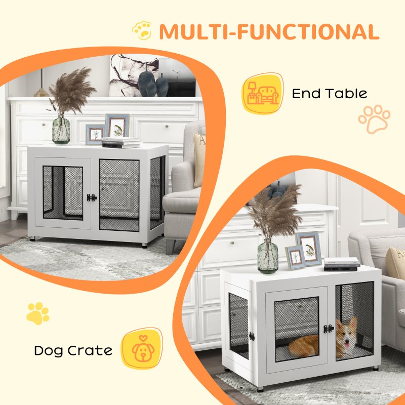PawHut Dog Crate Furniture End Table w/ Soft Washable Cushion, Two Doors, Indoor Pet Kennel for Small Medium Large Dogs w/ Wire Mesh, White