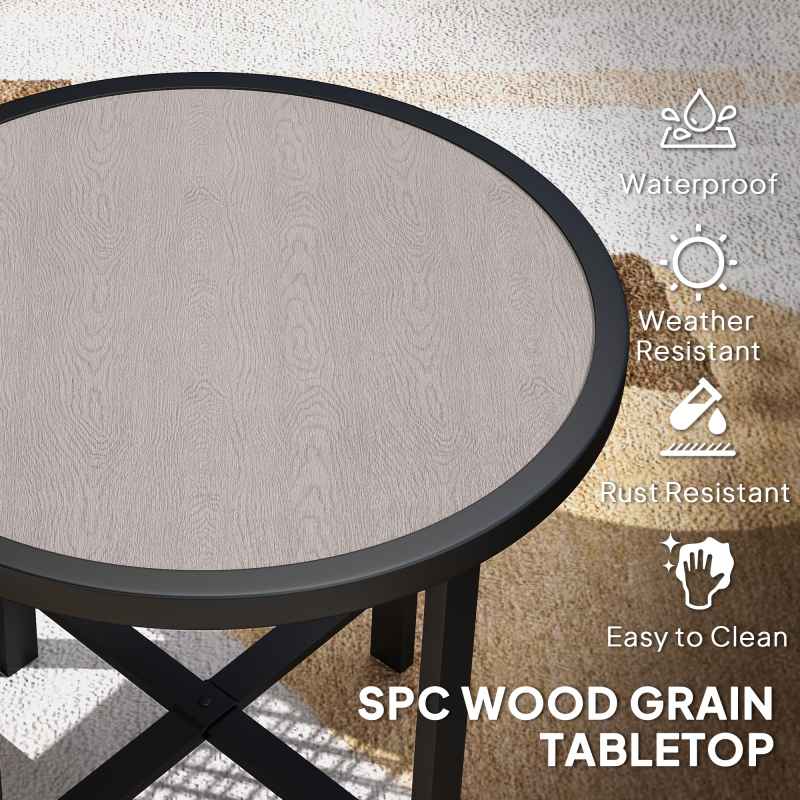 Outsunny Round Small Garden Table, 50.5cm Outdoor Side Table with SPC Tabletop, Metal Frame and Anti-slip Foot Pads for Garden, Balcony, Grey Wood Effect
