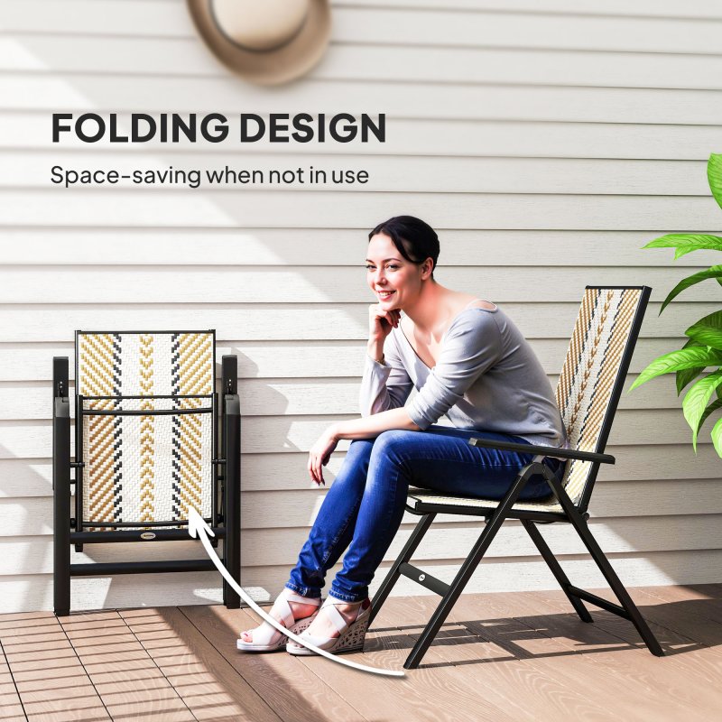 Outsunny Rattan Folding Chair Outdoor, 5-Position Adjustable Wicker Garden Dining Chair with High Backrest, Wide Armrest, for Patio, Terrace, Balcony, Orange