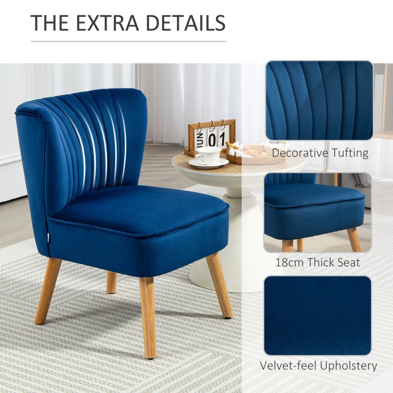 HOMCOM Velvet Accent Chair Occasional Tub Seat Padding Curved Back with Wood Frame Legs Home Furniture Dark Blue