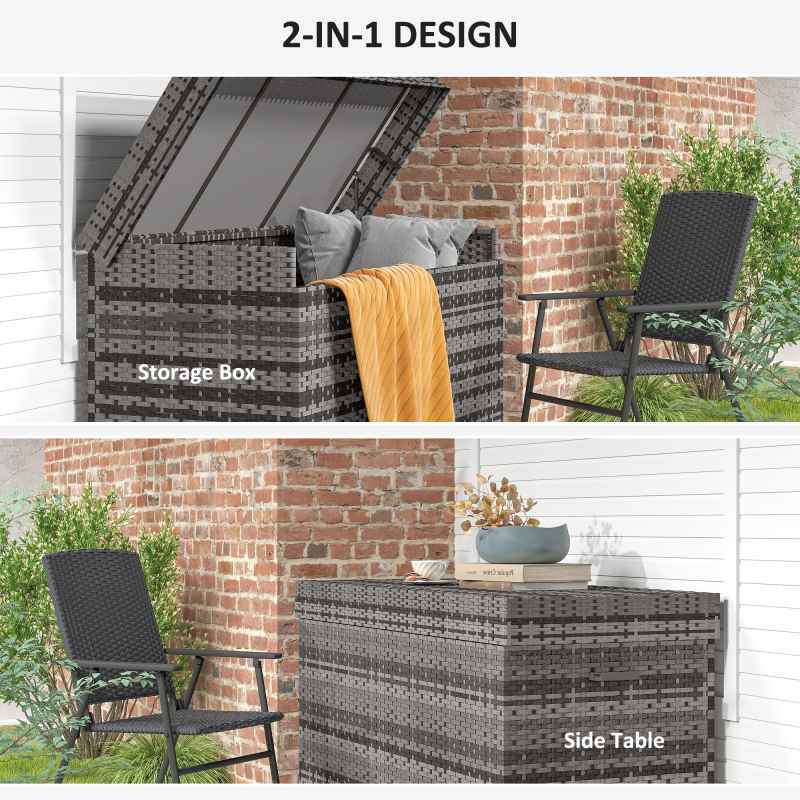 Outsunny 627 L Rattan Garden Storage Box, Outdoor Garden Cushion Storage Box with Gas Lift Lid and Wheels, Outdoor Rattan Chest Container for Cushions, Pillows and Tools, Dark Grey