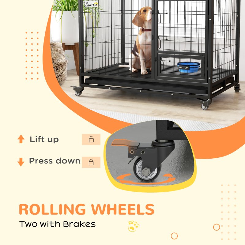 PawHut 43" Heavy Duty Dog Crate with Bowl Holder, Dog Cage on Wheels with Removable Tray, Openable Top, Detachable Door, Indoor Outdoor Use, for Large and Extra Large Dogs - Black