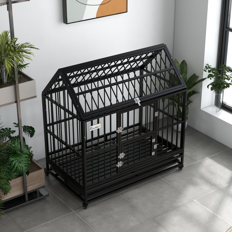 PawHut 48" Heavy Duty Dog Crate, Indoor Outdoor Dog Cage on Wheels with Locks, Removable Tray, Openable Top, 2 Doors, for Large and Extra Large Dog - Black