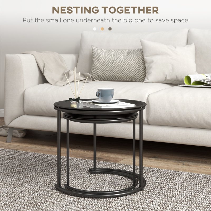 HOMCOM Nesting Tables Set of 2, Side End Table with Removable Tabletop Tray and Steel Frame for Living Room, Bedroom, Black