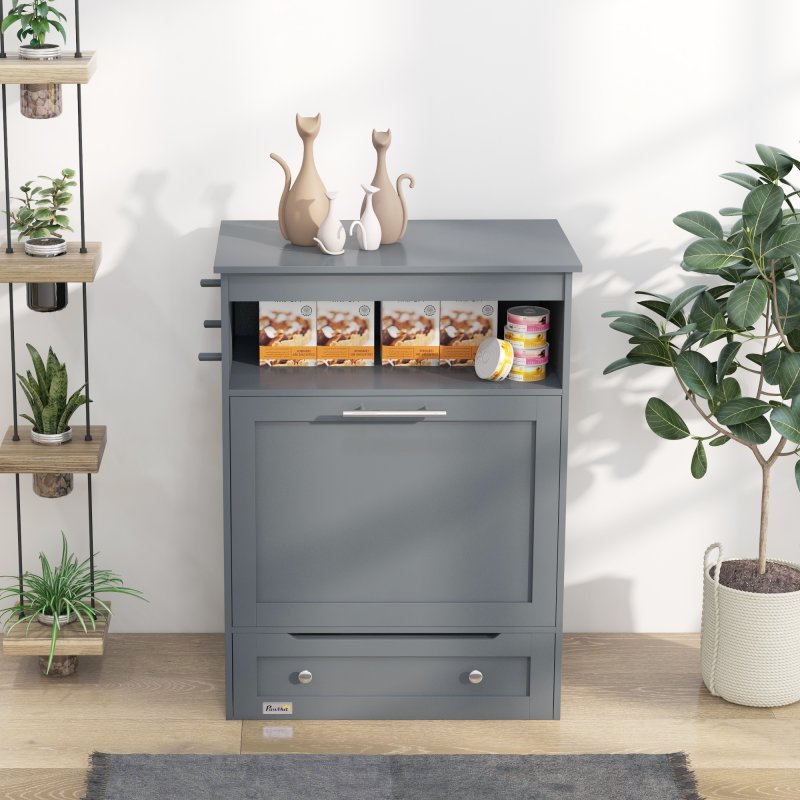 PawHut Pet Feeder Station, Dog Food Storage Container w/ Raised Dog Bowls, Hanger, for Food and Water - Grey