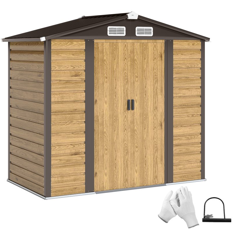 Outsunny 7 x 4ft Garden Shed, Easy to Assemble, Upgraded Galvanised Steel Frame with Foundation Kit, Double Doors with Lock, Outdoor Metal Shed with Vents and Gloves, Garden Storage Shed, Natural