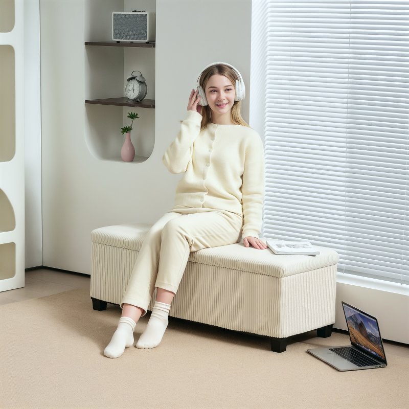 HOMCOM Storage Ottoman Bench, Corduroy Footstool with Removable Lid and Legs, 112cm Storage Chest Box for Living Room, Bedroom, Hallway