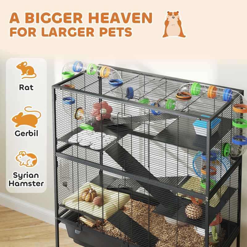 PawHut Hamster Cage, 5 Tier Large Gerbil Cage on Wheels with 17 cm Deep Tray, Storage Shelf, Big Exercise Wheel, Tube System, Hut, Platforms, Ramps, Food Dish, Water Bottle, for Syrian Hamsters, Rats