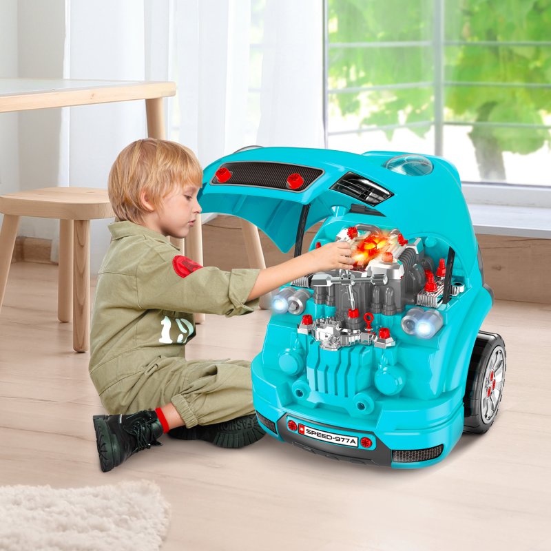 HOMCOM Kids Truck Engine Toy Set Toddler Educational Car Service Station w/ RC Car Key Steering Wheel Horn Light, Mechanic Gifts for Ages 3-5 Years - Teal