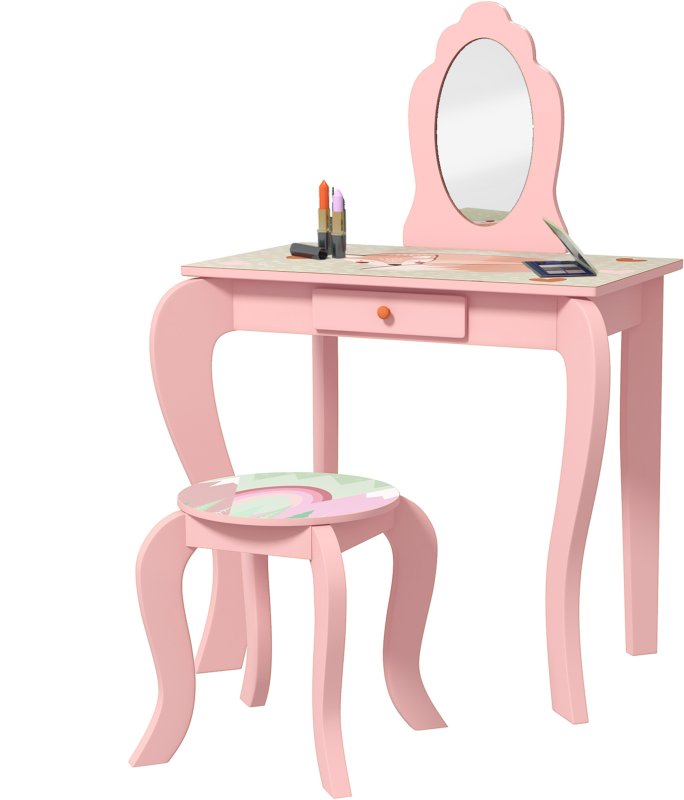 ZONEKIZ Kids Dressing Table, Girls Vanity Table Cute Animal Design with Mirror, Stool, Desk, Drawer for Kids Room, Bedroom, Nursery, 3-6 Years Old, Pink