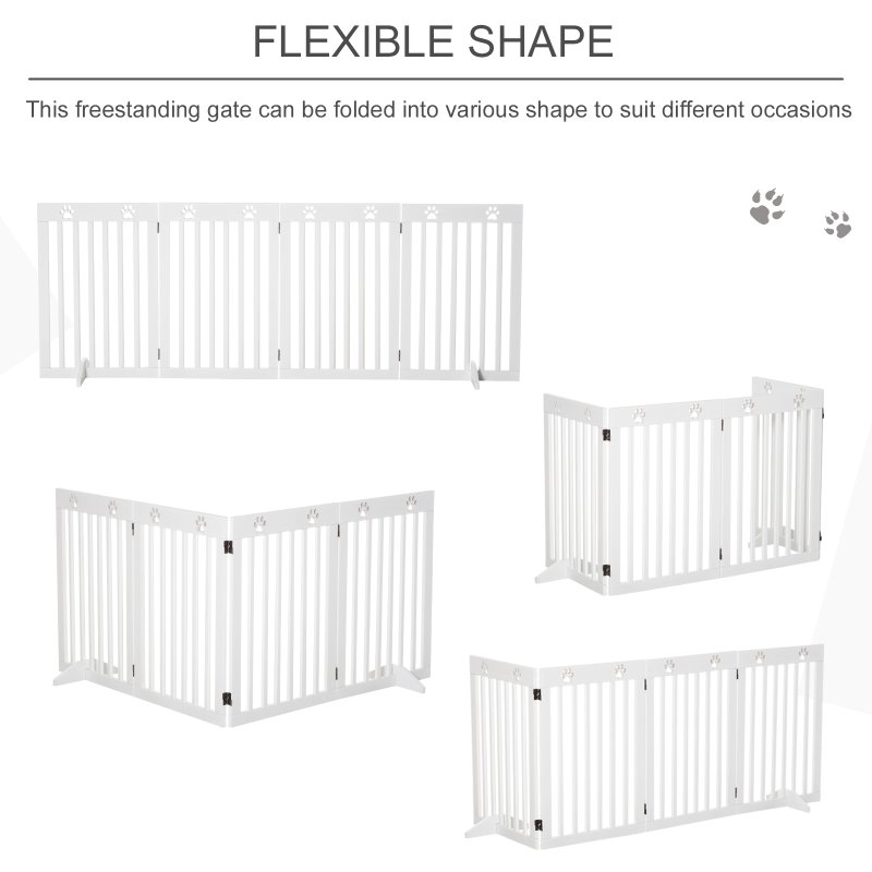 PawHut Freestanding Pet Gate 4 Panel Dog Barrier Folding Safety Fence with Support Feet up to 204cm Long 75cm Tall for Doorway Stairs, White