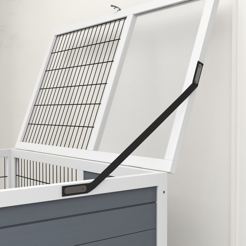 PawHut Rabbit Hutch Guinea Pig Hutch Indoor Wooden Small Animal House with Wheels, Openable Top, No-Leak Plastic Trays - Grey