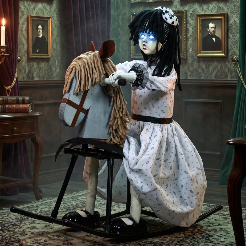 HOMCOM 72cm Animated Halloween Rocking Horse Girl Animatronic, Moving Haunted Doll with Colourful Glowing Eyes, Creepy Rhymes, Sound/Touch Activated, Holiday Prop for Indoor and Covered Outdoor