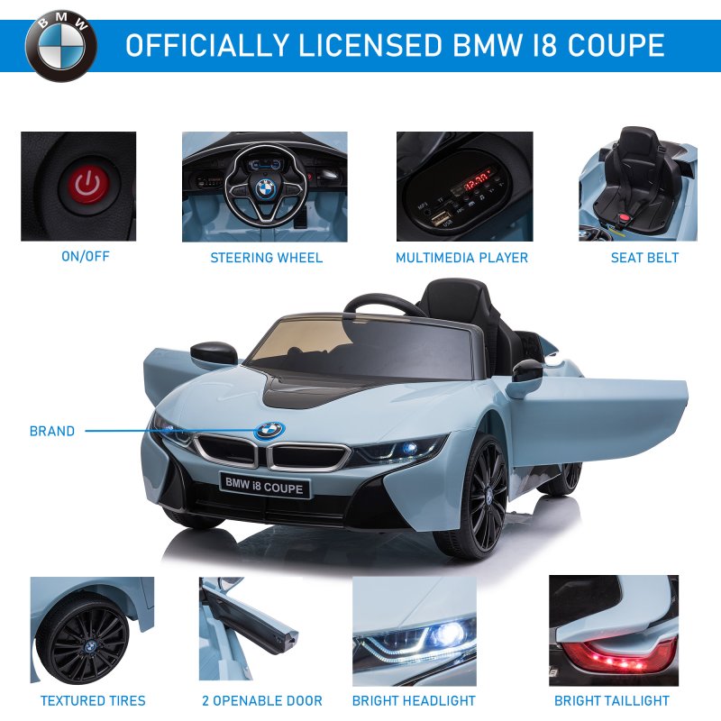 HOMCOM BMW I8 Coupe Licensed 6V Electric Car for Kids with Parent Remote Control, Kids' Electric Ride-on with Suspension Wheels, MP3, Music, Horn, LED Lights, for 3-8 Years Old, Blue