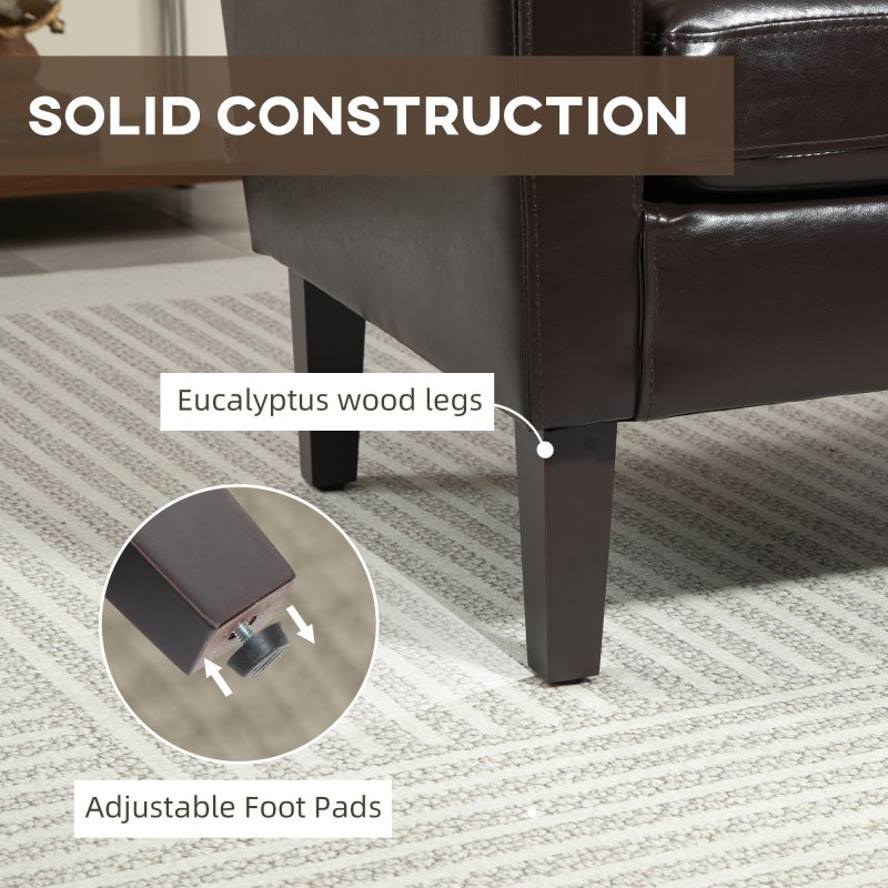 HOMCOM Modern Wingback Living Room Chair, Upholstered PU Leather Accent Armchair,  Single Sofa Chair with Lounge Seat and Wood Legs for Bedroom/Office/Reading Spaces, Brown