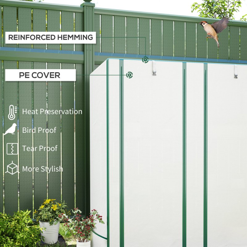 Outsunny 3 Tier Lean-to Mini Greenhouse with Reinforced PE Cover, Portable Small Greenhouse with Roll-Up Door, Green Hemmed Edging, 144 x 48 x 152cm, White