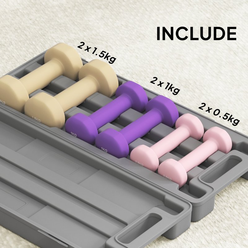 HOMCOM 6kg Dumbbell Set with Suitcase, Fitness Weights Dumbbells Set for Men and Women Home Gym, Workout, Pink, Purple, Brown