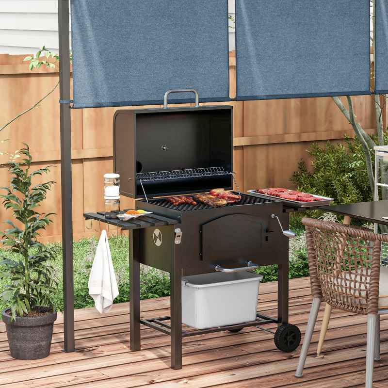 Outsunny Charcoal Grill BBQ Trolley with Adjustable Charcoal Height, Charcoal Stove for Pot, Garden Smoker Barbecue with Folding Shelves, Thermometer on Lid, Bottle Opener and Wheels