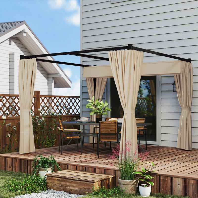Outsunny 3 x 3(m) Pergola with Retractable Roof Canopy and Curtains, Metal Frame Garden Gazebo Outdoor Sun Shade Shelter for Grill, Patio, Deck, Beige