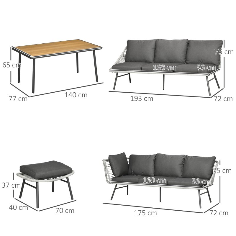 Outsunny 5 Piece Rattan Garden Furniture Sets, 6 Seater Outdoor Sofa Sectional with Wicker Sofa, Footstool and Wood-Plastic Coffee Table for Yard, Poolside, Grey