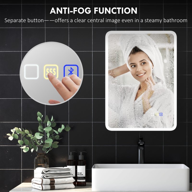 HOMCOM  Backlit Illuminated Bathroom Mirror with LED Lights and Bluetooth, Wall Mounted Vanity Mirror with 3 Colours Dimmable, Anti-Fog, Memory Function, Touch Switch, IP44