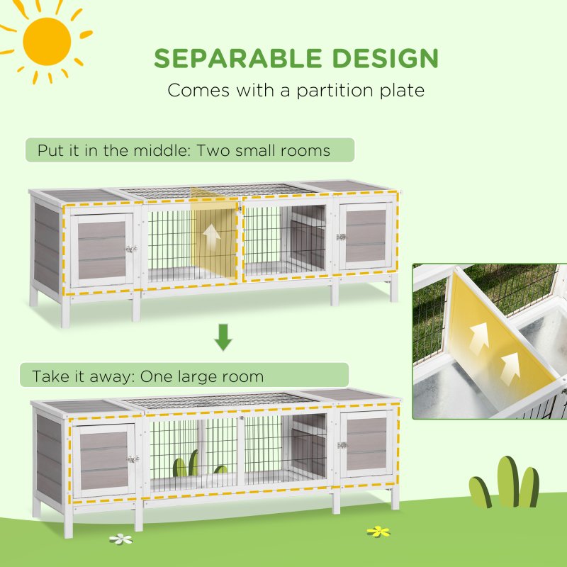 PawHut Wooden Rabbit Hutch Separable Guinea Pig Hutch Bunny Run Small Bunny House for Indoor Use w/ Slide Out Tray, 161 x 50.5 x 53.3cm - (Grey)