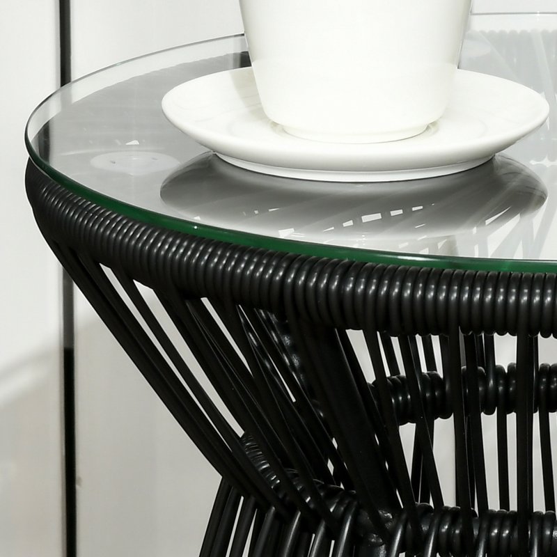 Outsunny Outdoor Coffee Table, Round PE Rattan Side Table with Tempered Glass Table Top, Hollow Drum Design for Garden, Balcony, Patio, Black