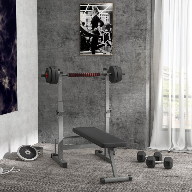 HOMCOM Adjustable Weight Bench, Foldable Bench Press with Barbell Rack, Dip Station, for Home Gym, Strength Training, Multi-Use Workout Bench, Grey