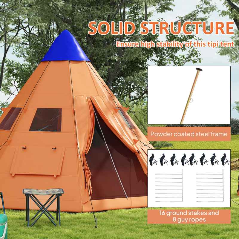 Outsunny 6 Men Tipi Tent, Camping Tent with Mesh Windows, Sewn-in Floor, Two Doors and Carry Bag, Easy Set Up, for Hiking Picnics Outdoor Night, Orange