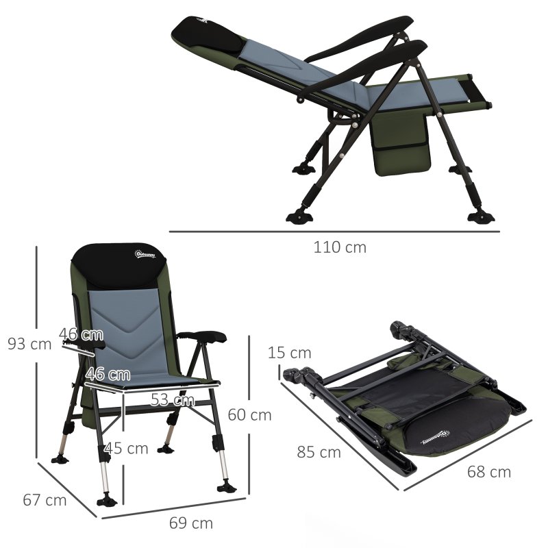Outsunny Portable Fishing Chair, Lightweight Camping Chair with Reclining Backrest, Adjustable Legs and Mud Feet, 180kg Heavy Duty Folding Chair, Dark Green