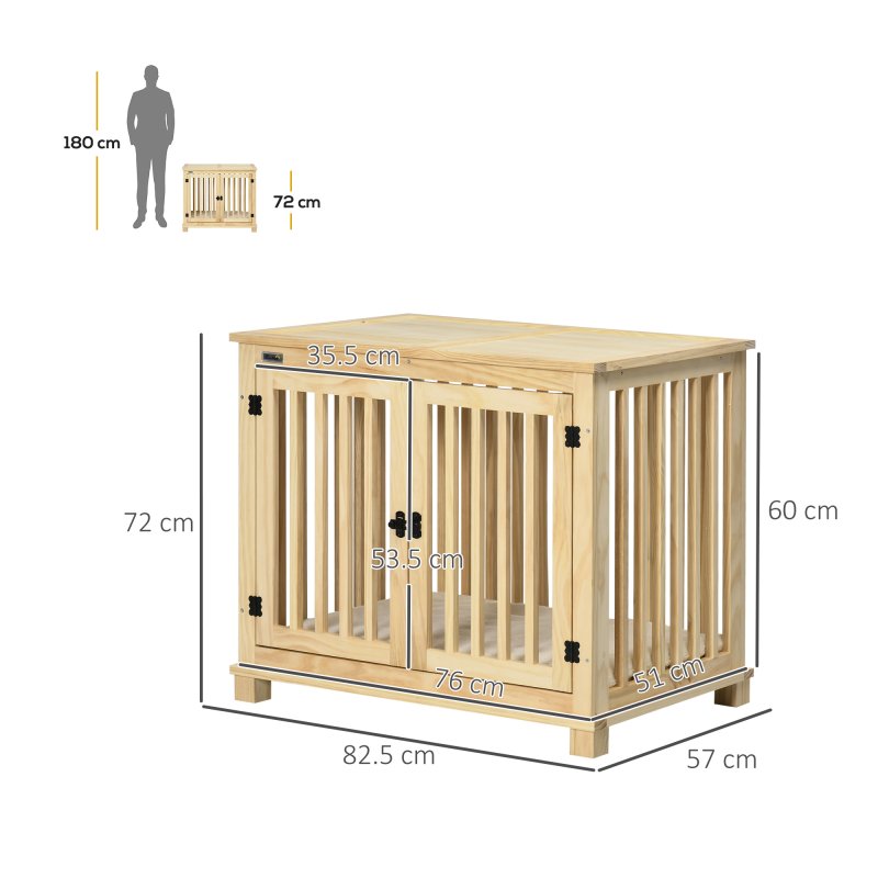PawHut Wooden Dog Crate End Table w/ Double Doors, Furniture Style Dog Crate for Medium Dogs, Indoor Use w/ Soft Washable Cushion