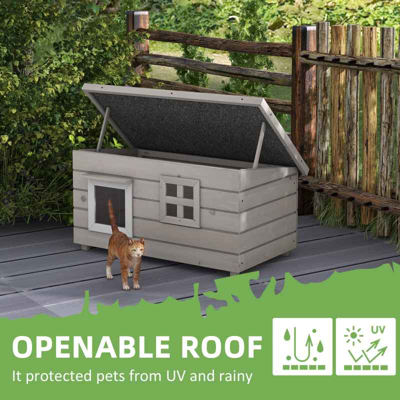 PawHut Outdoor Wooden Cat House, Elevated Cat Shelter Kennel, Pet Play House with Openable Top, Asphalt Roof, Window, 87 x 52 x 44 cm, Grey