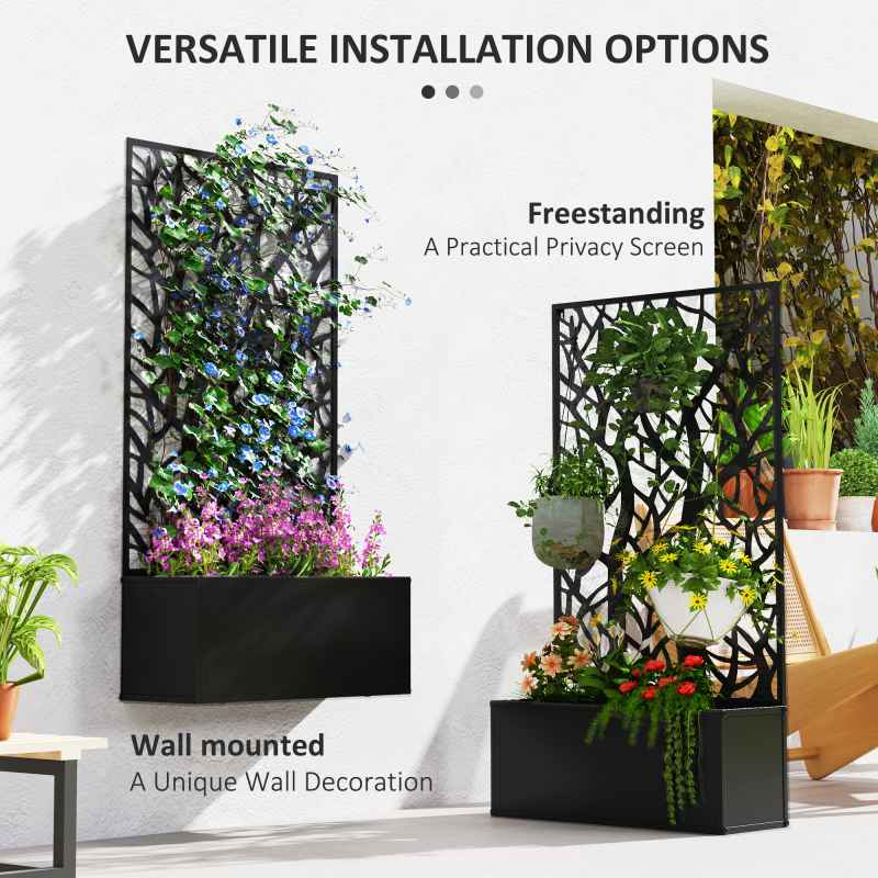 Outsunny Metal Garden Bed with Trellis, Wall Mounted or Freestanding Raised Planter with Privacy Panel, Two Big Trees Cut-out Privacy Screen with Planter Box for Climbing Plants, Flowers, Vegetables
