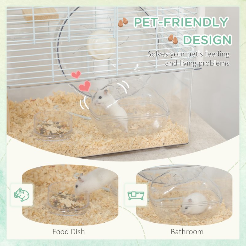PawHut Hamster Cage, Gerbil Cage w/ Deep Bottom, Litter Area, Wooden Ramp, Platforms, Hut, Exercise Wheel, for Small Rodents, 59 x 35.5 x 47cm