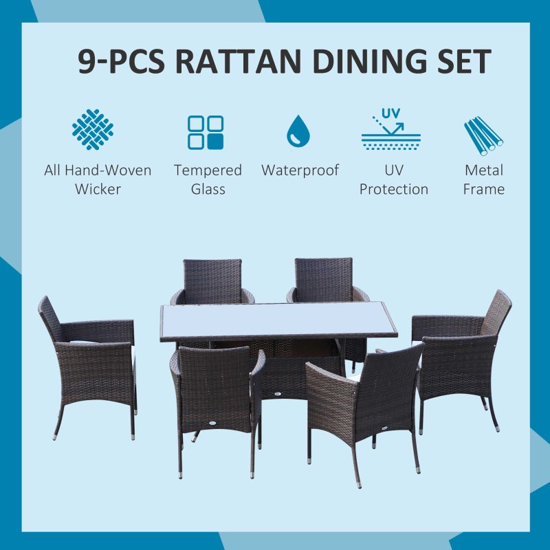 Outsunny 7-Piece Rattan Garden Furniture Set with Cushions, 6 Seater Garden Table and Chairs, Rattan Dining Set with 6 Armchairs, Rectangular Glass Top Table, Brown